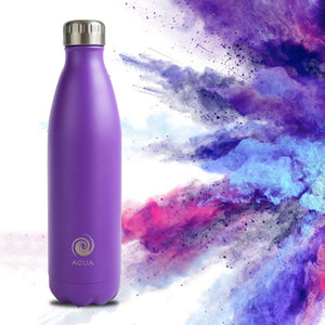 deep purple powder painted aqua bottle with powder explosion background | Aquabottle.co.uk